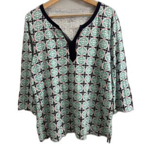 Talbots Notched V-Neck Cotton Damask Print Top Size XL Multicolor